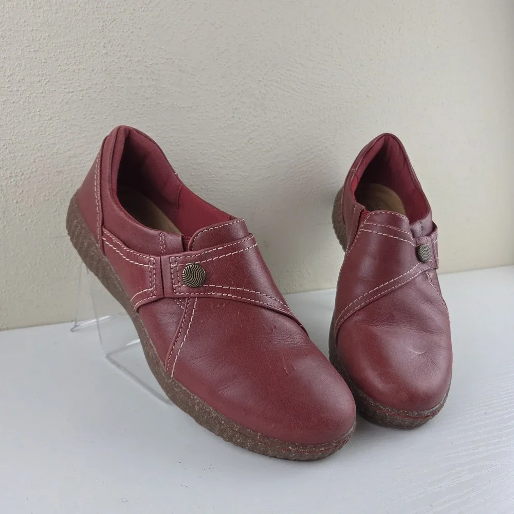Clarks Caroline Pearl Red Leather Comfort Casual Shoes Women's Size 9 M